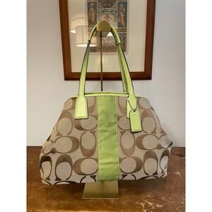 Coach Signature C Monogram Canvas Leather Trim Shoulder Bag Lime Green‎